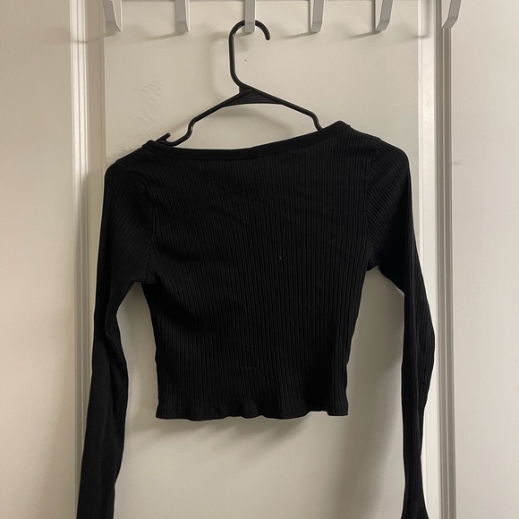 Black Ribbed Button-Up Women's Top - Picture 2 of 3